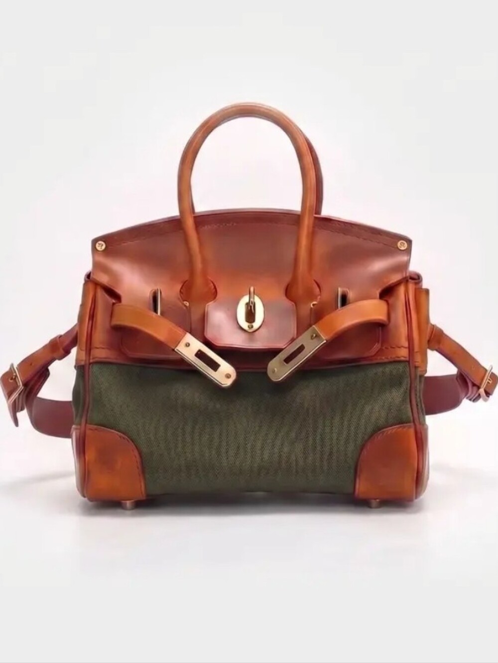 NWT Two-Tone Olive Canvas and Saddle Italian Leather Handbag